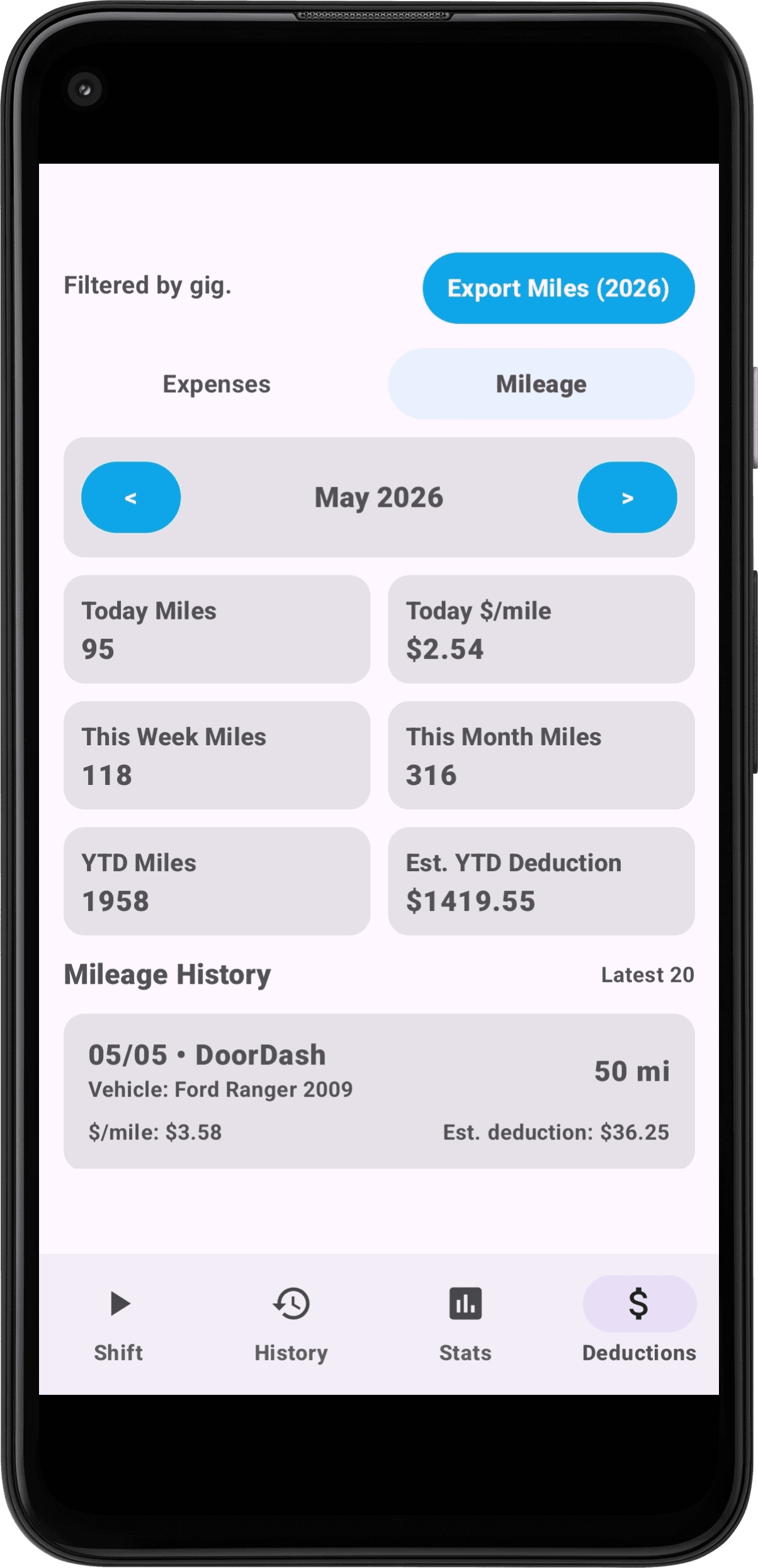 GigMiles mileage screen showing mileage history and saved records.