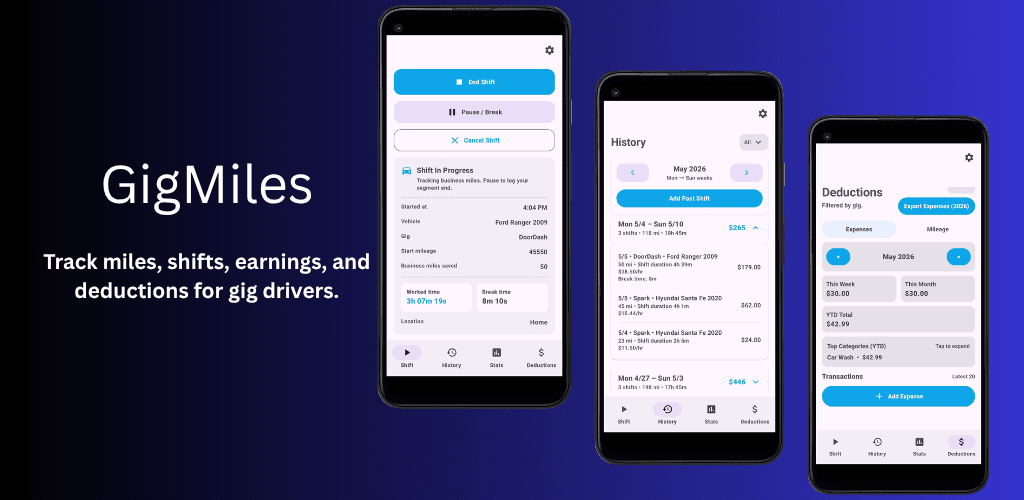 GigMiles app screenshots showing mileage, shift, earnings, and deductions tracking.