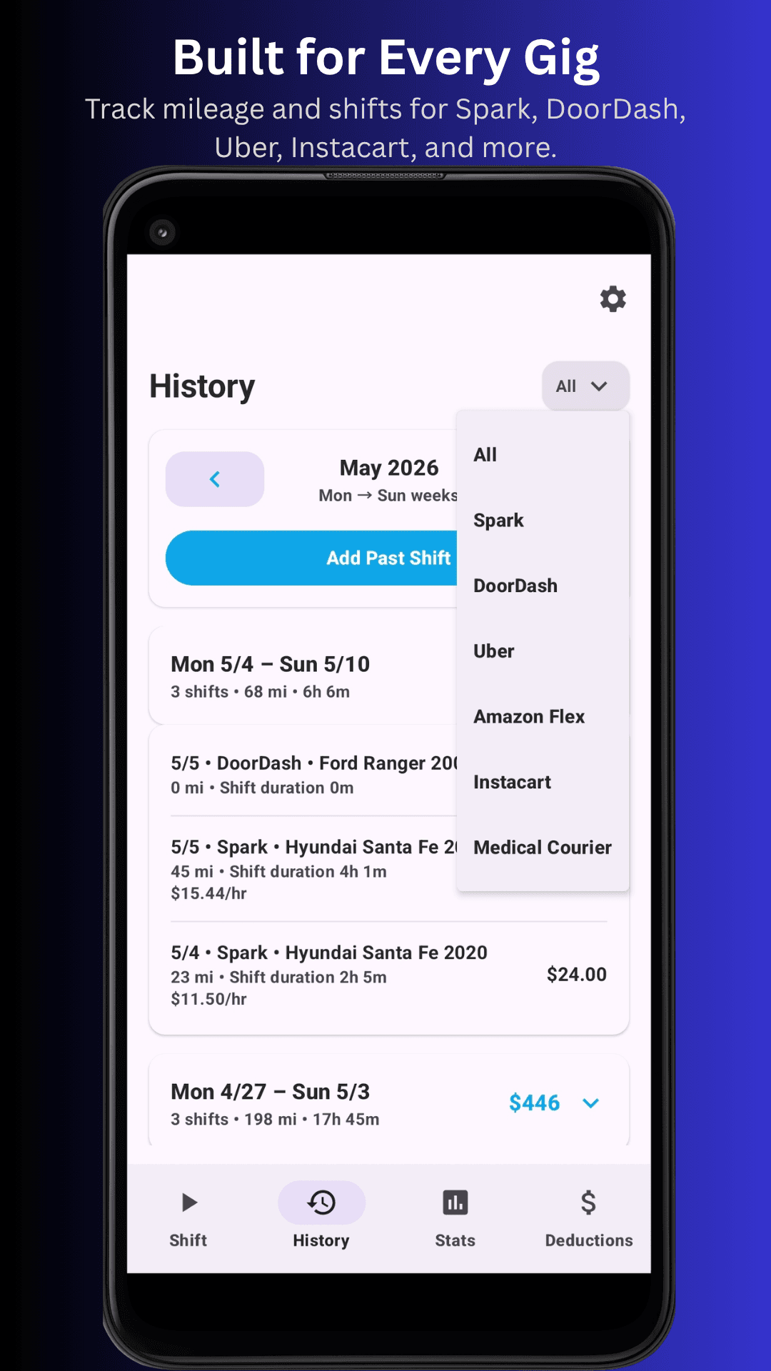 GigMiles multi-gig history screen showing supported gig app filters.