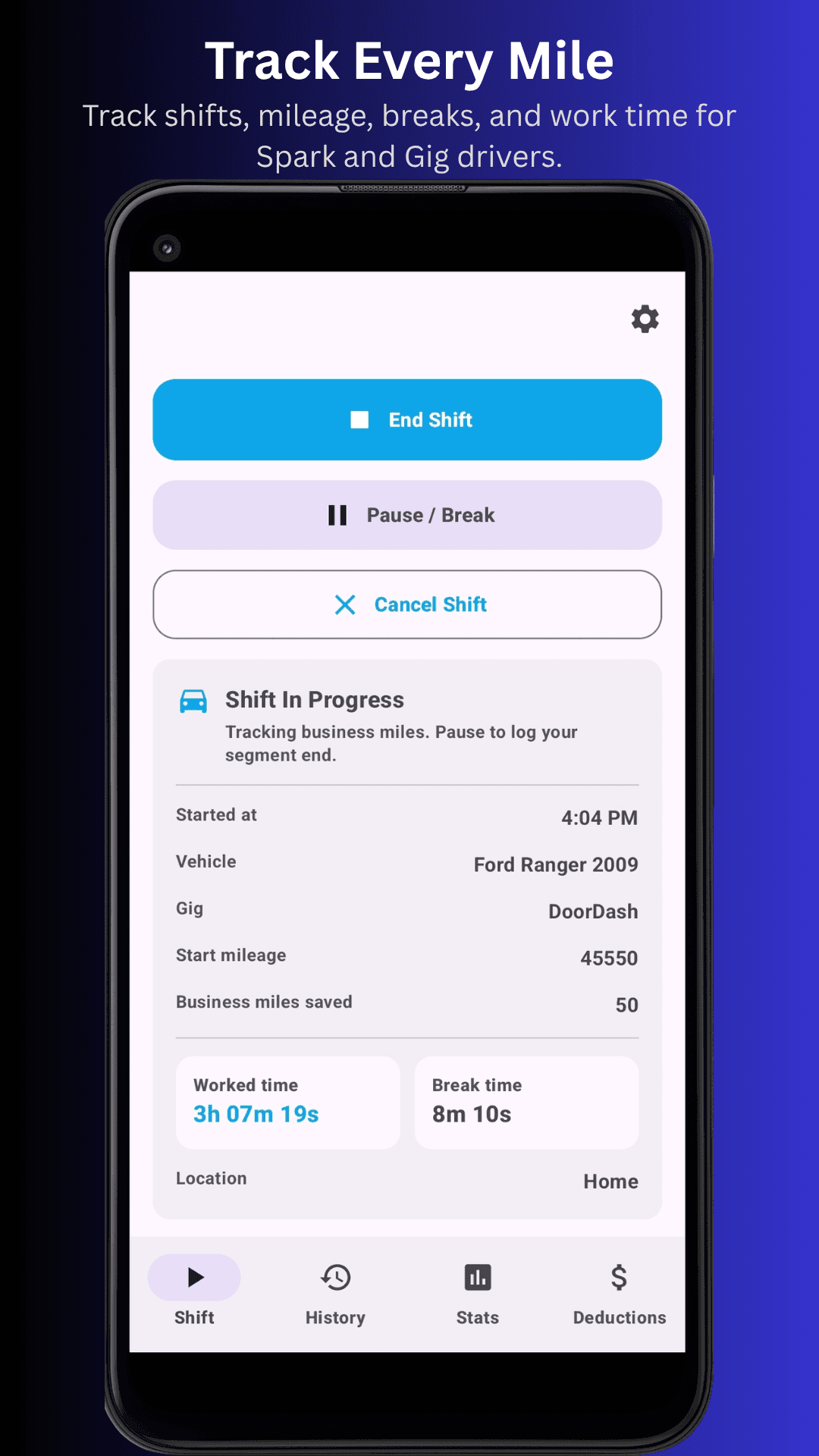GigMiles shift screen showing mileage and work time tracking.