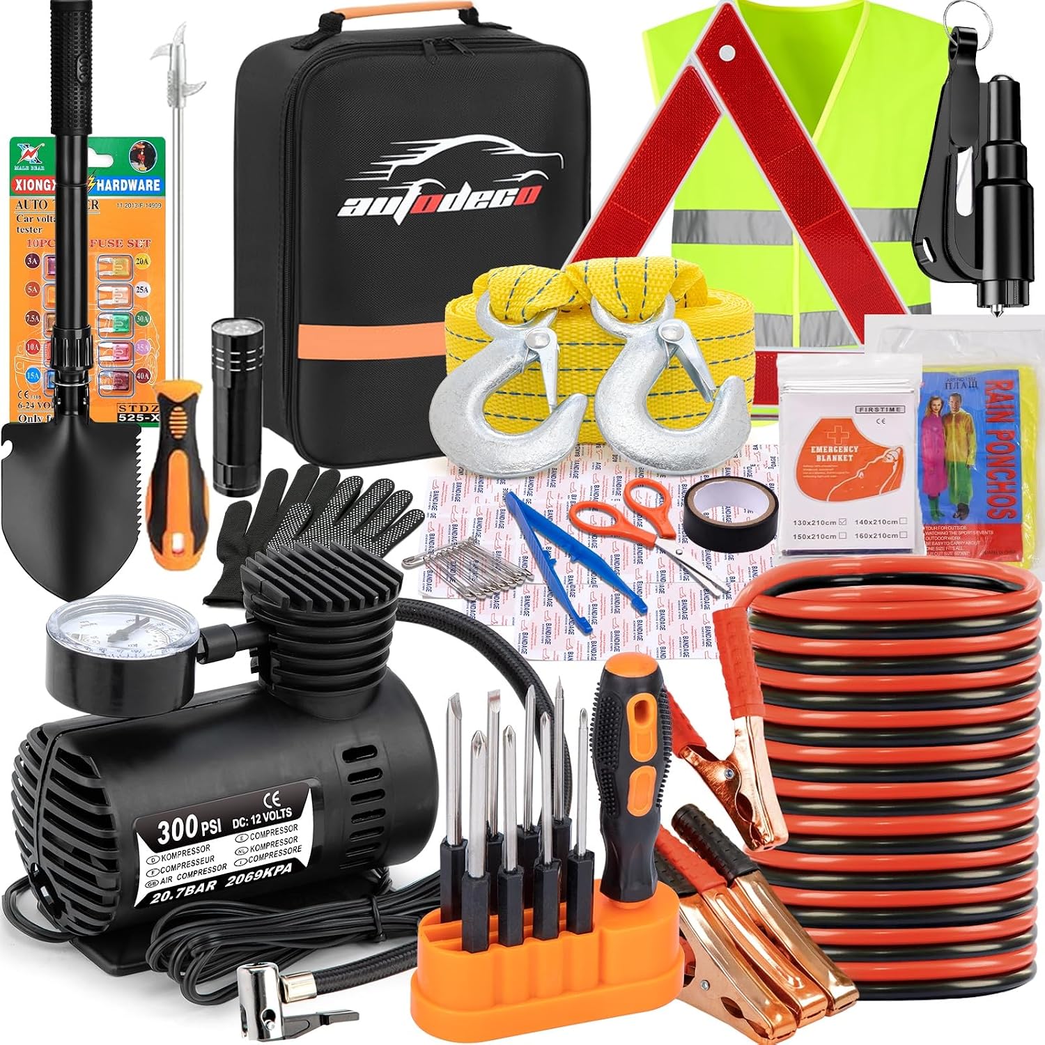 AUTODECO roadside emergency kit with tire inflator