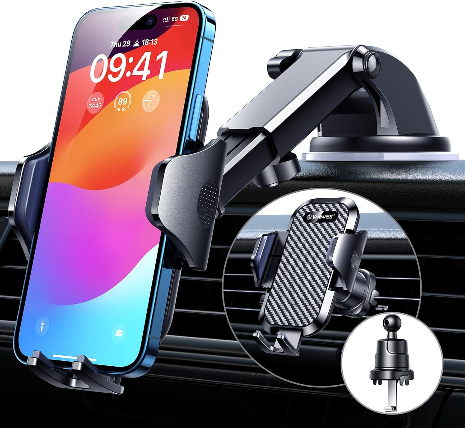 VANMASS heavy-duty phone mount for dashboard windshield or vent