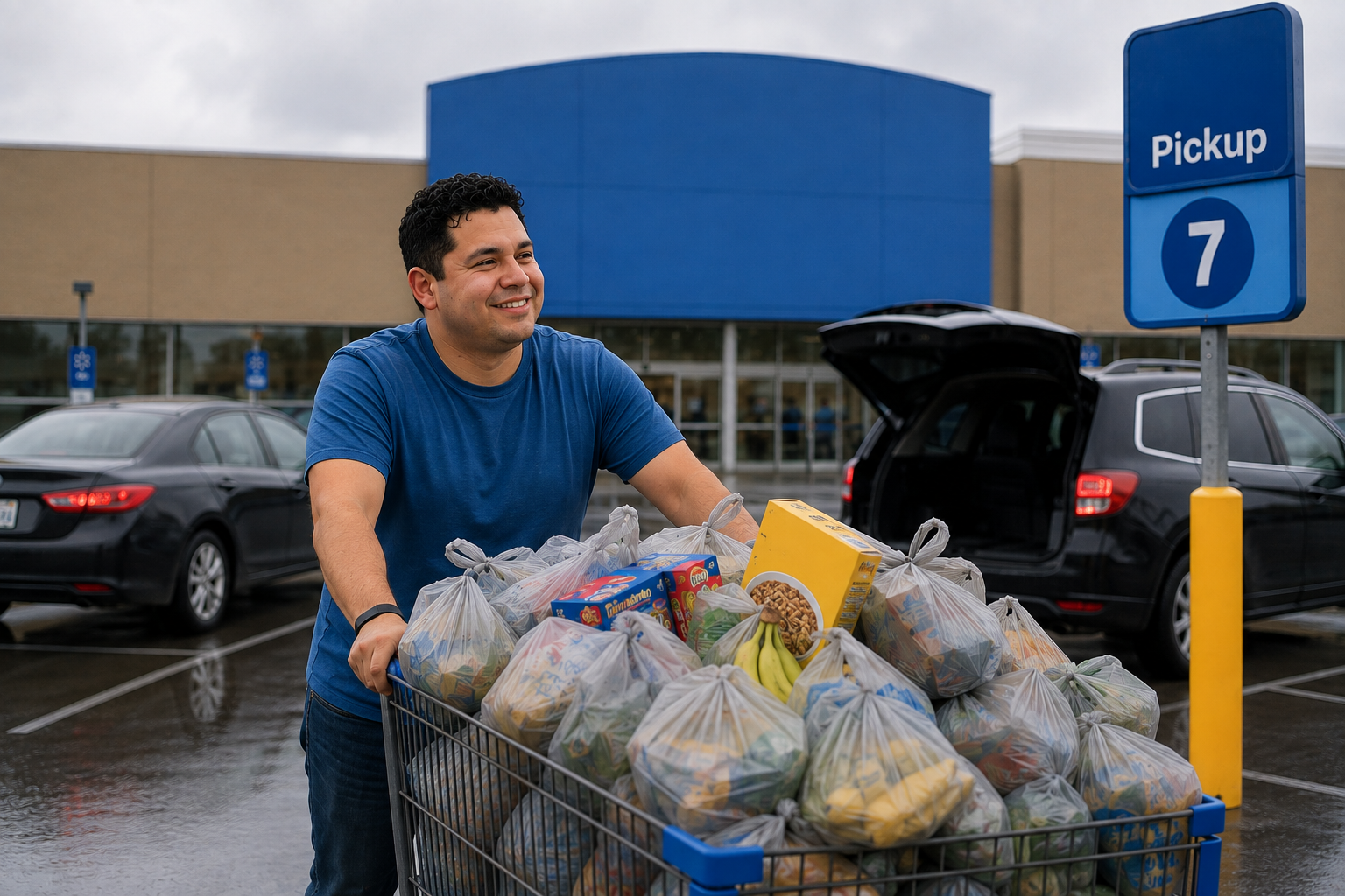 Spark Driver August 2026 update illustration showing a grocery pickup scene during rainy weather.